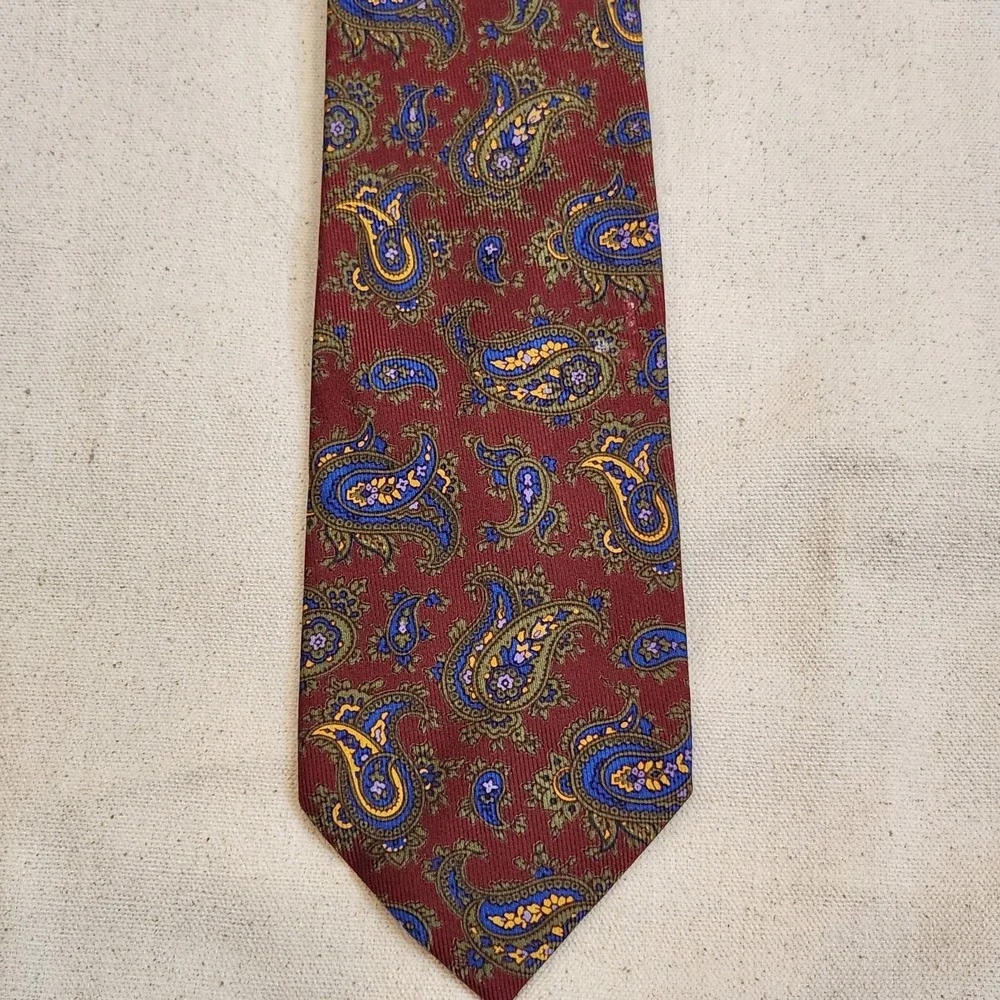 Massimo Bizzocchi Men's Silk Tie Burgundy Red Blue Yellow Paisley Pattern Italy